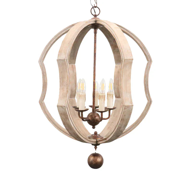 Distressed White Globe Chandelier Lighting Modern Wood 5 Bulbs Pendant Light Fixture With