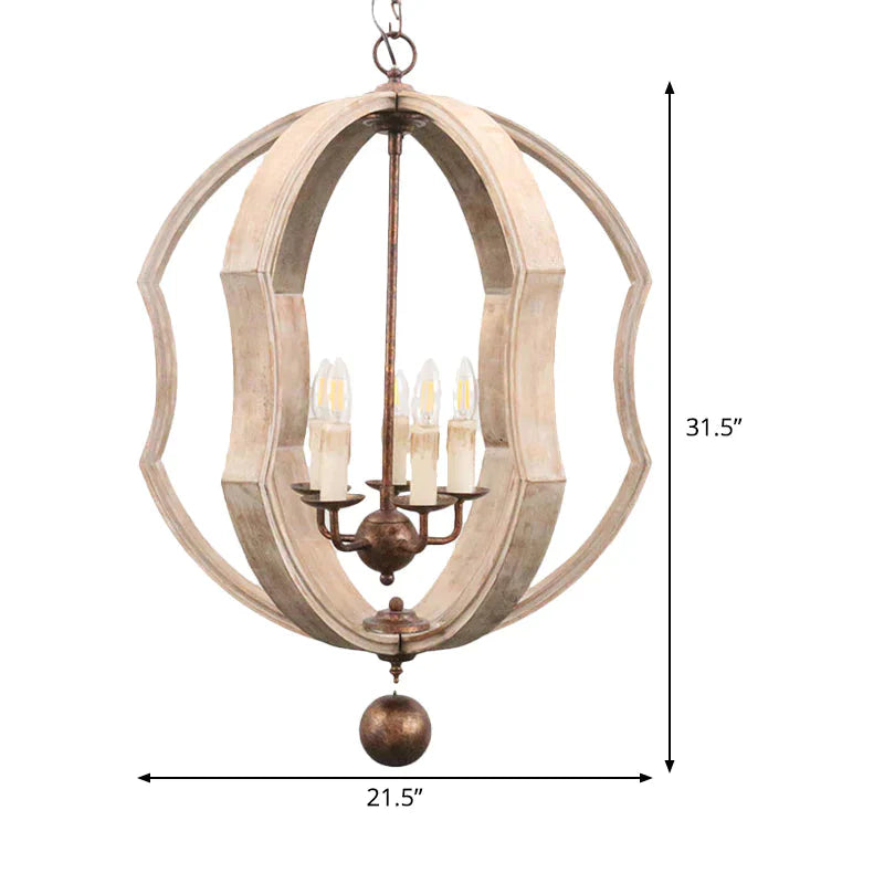 Distressed White Globe Chandelier Lighting Modern Wood 5 Bulbs Pendant Light Fixture With