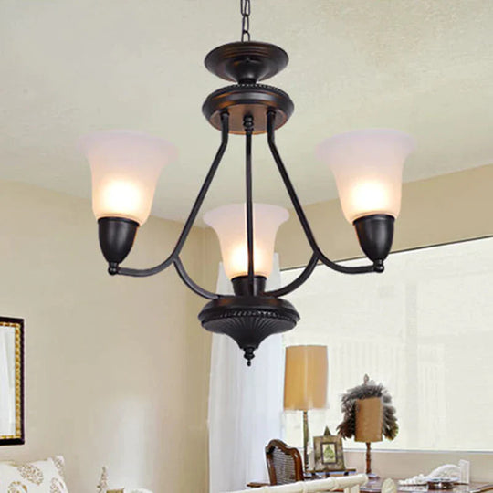 3/5/6 Lights Pendant Light Classic Bell Frosted Glass Hanging Chandelier In Deep Tan For Dining Room