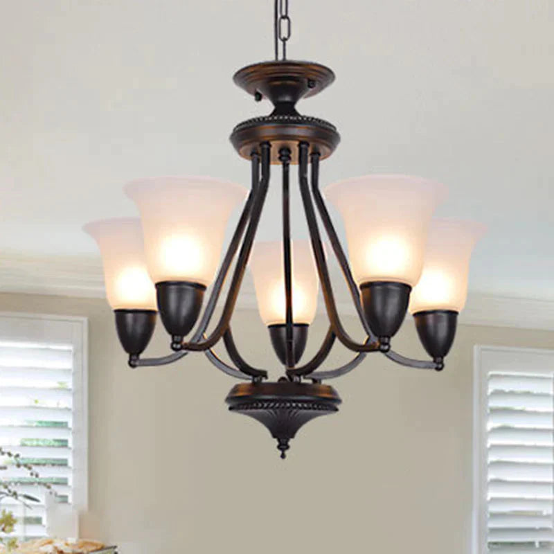 3/5/6 Lights Pendant Light Classic Bell Frosted Glass Hanging Chandelier In Deep Tan For Dining