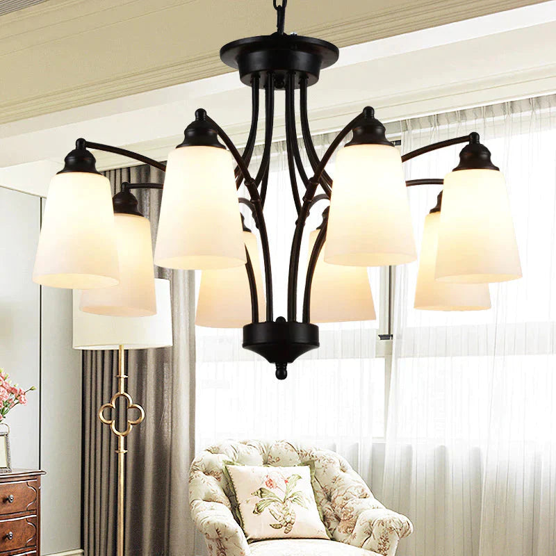 3/6/8 Lights Frosted Glass Hanging Chandelier Traditional Black Tapered Living Room Pendant Light