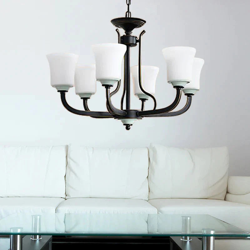 Bell Living Room Pendant Chandelier Traditional Opal Glass 3/6 Lights Black Hanging Fixture