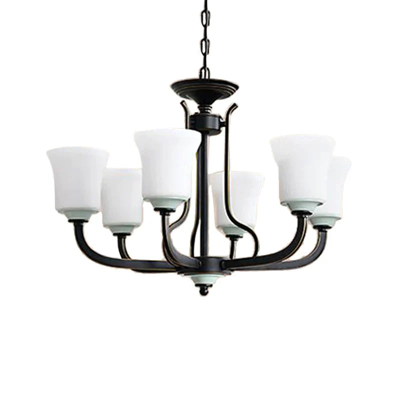 Bell Living Room Pendant Chandelier Traditional Opal Glass 3/6 Lights Black Hanging Fixture