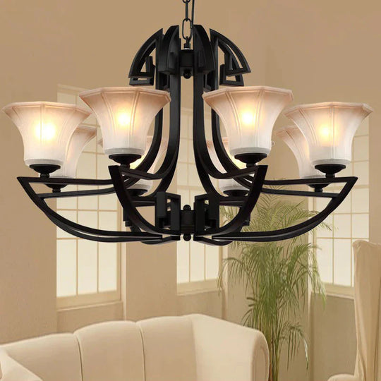 Black 3/6 Lights Pendant Chandelier Vintage Frosted Glass And Metal Flower Shape Hanging Light