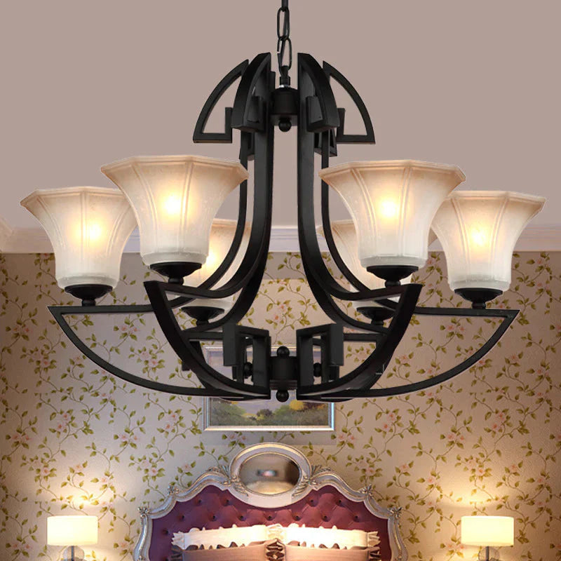 Black 3/6 Lights Pendant Chandelier Vintage Frosted Glass And Metal Flower Shape Hanging Light