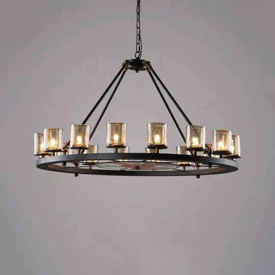 Clear Glass Wagon Wheel Hanging Chandelier Classic 12/16 Lights Living Room Pendant Light With