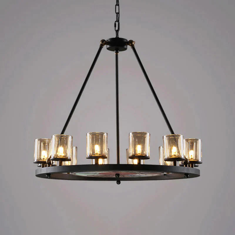 Clear Glass Wagon Wheel Hanging Chandelier Classic 12/16 Lights Living Room Pendant Light With