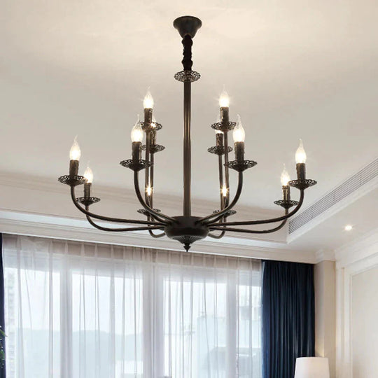 9 Lights Pendant Light Classic Candle Metal Hanging Chandelier In Black For Living Room
