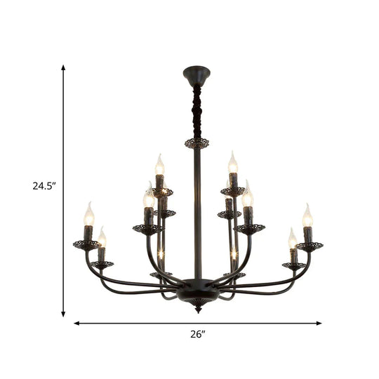 9 Lights Pendant Light Classic Candle Metal Hanging Chandelier In Black For Living Room