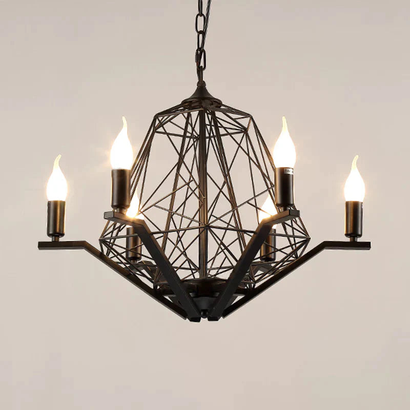 6 Lights Ceiling Light Traditional Candle Metal Hanging Chandelier In Black/White With Geometric