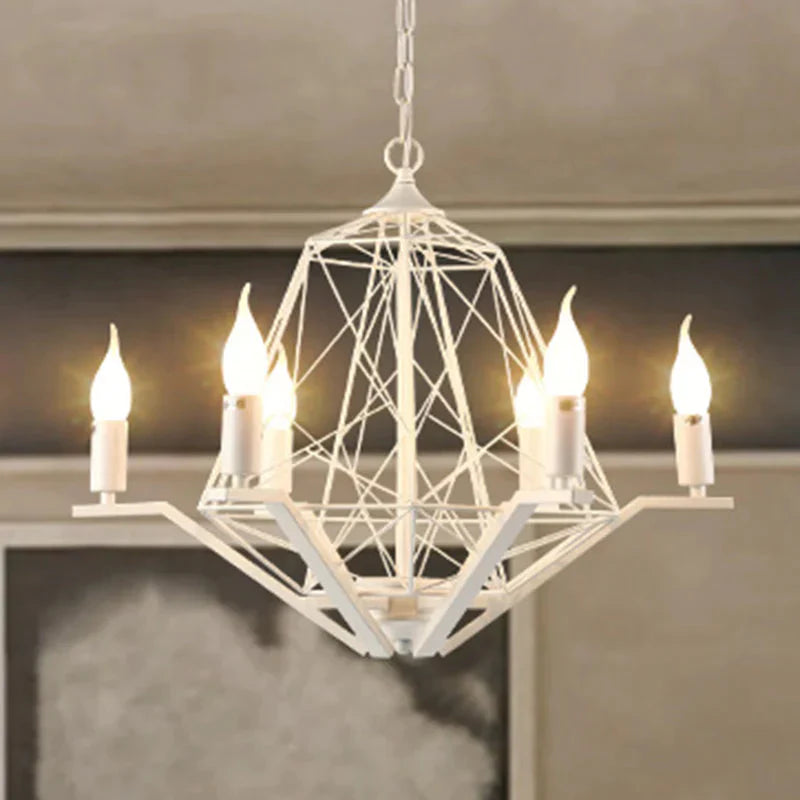 6 Lights Ceiling Light Traditional Candle Metal Hanging Chandelier In Black/White With Geometric