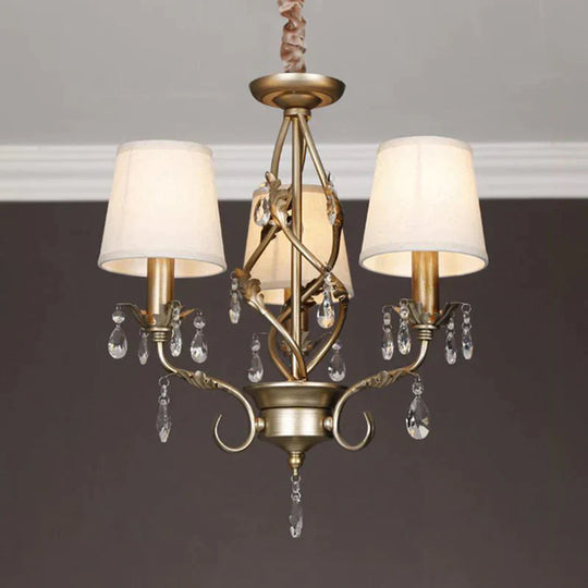 Cone Fabric Chandelier Light Classic 3 Lights Living Room Pendant Lighting In White With Crystal