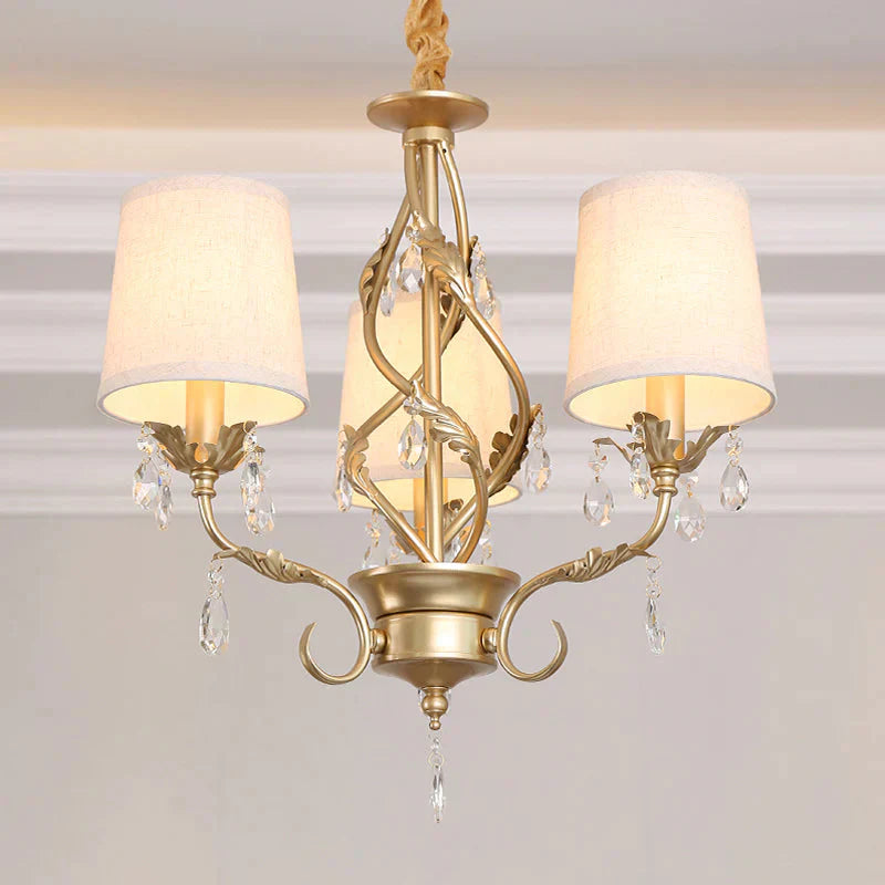 Cone Fabric Chandelier Light Classic 3 Lights Living Room Pendant Lighting In White With Crystal