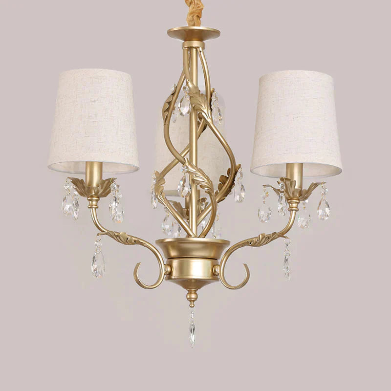 Cone Fabric Chandelier Light Classic 3 Lights Living Room Pendant Lighting In White With Crystal