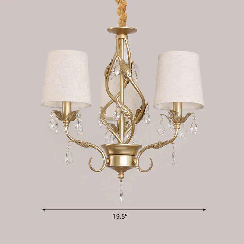 Cone Fabric Chandelier Light Classic 3 Lights Living Room Pendant Lighting In White With Crystal