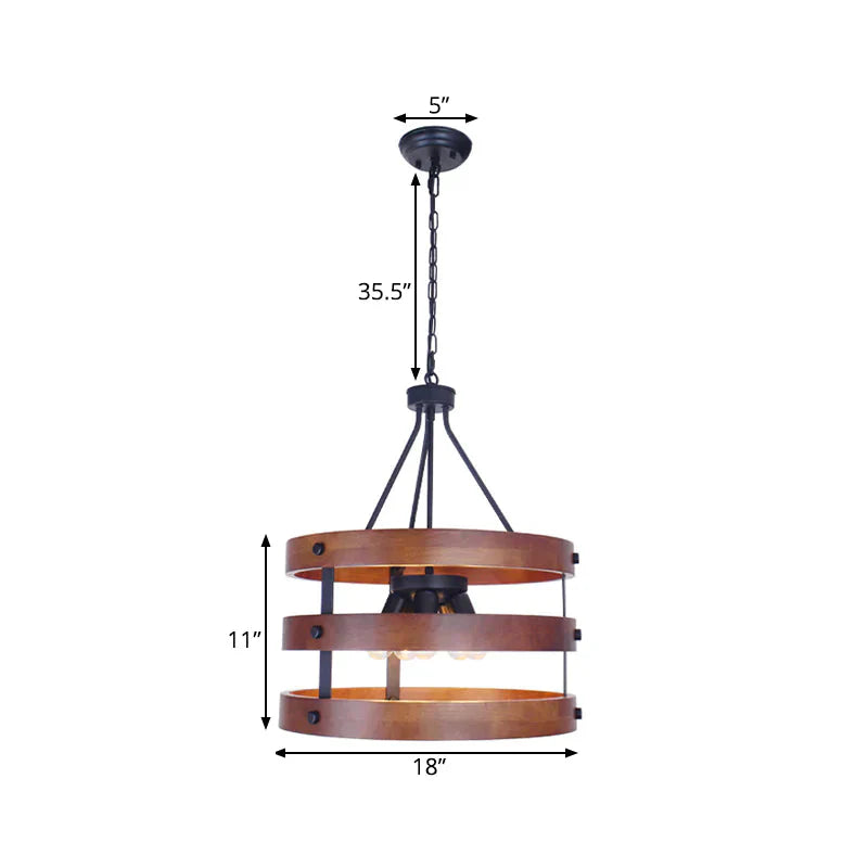 Brown 5 Heads Chandelier Lighting Rustic Wooden Round Suspension Lamp For Dining Room