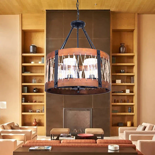 Wood Drum Chandelier Lamp Farmhouse 5 - Head Living Room Pendant Ceiling Light In Brown