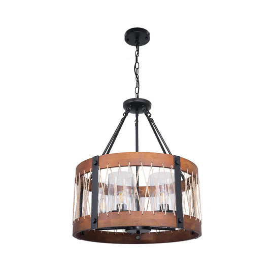 Wood Drum Chandelier Lamp Farmhouse 5 - Head Living Room Pendant Ceiling Light In Brown