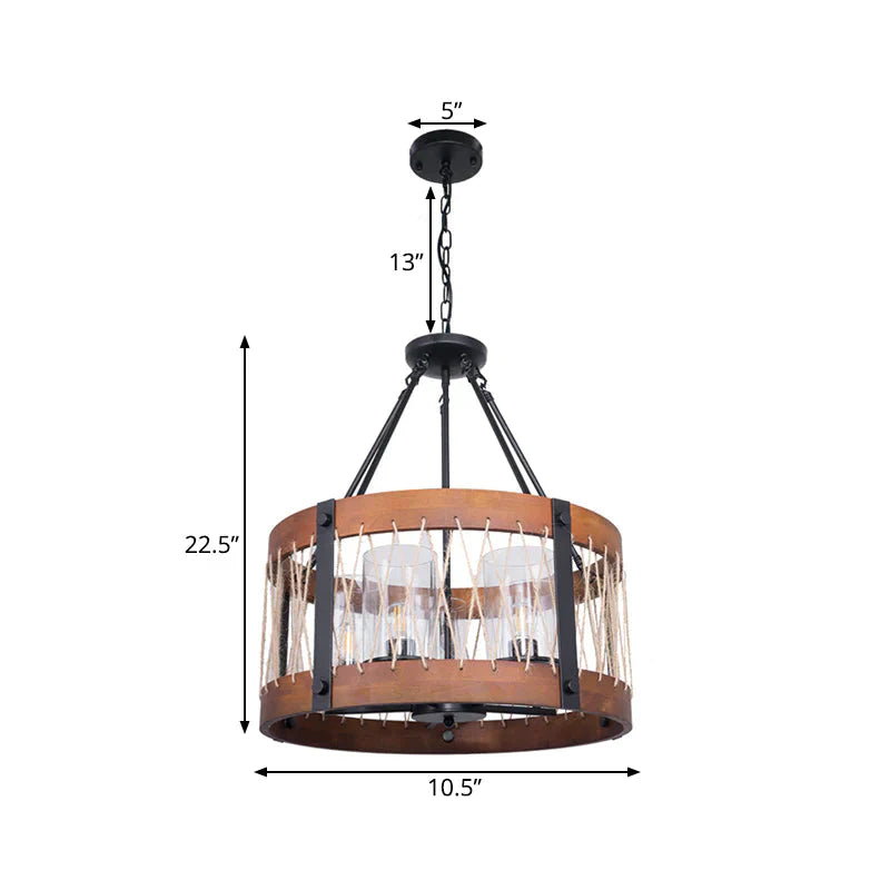 Wood Drum Chandelier Lamp Farmhouse 5 - Head Living Room Pendant Ceiling Light In Brown