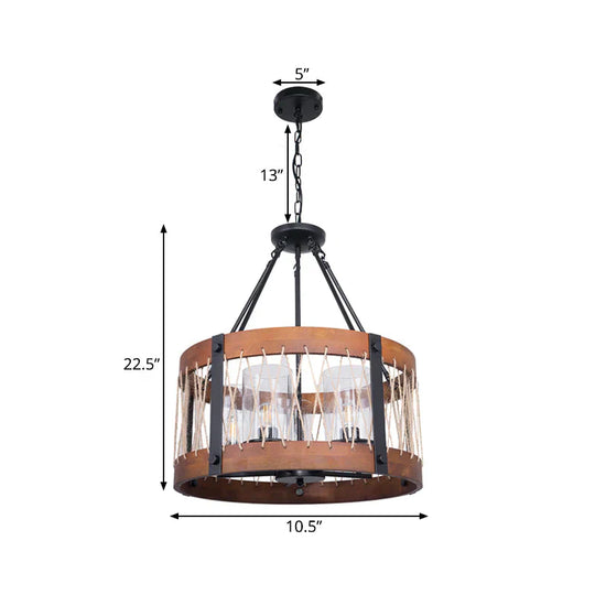 Wood Drum Chandelier Lamp Farmhouse 5 - Head Living Room Pendant Ceiling Light In Brown