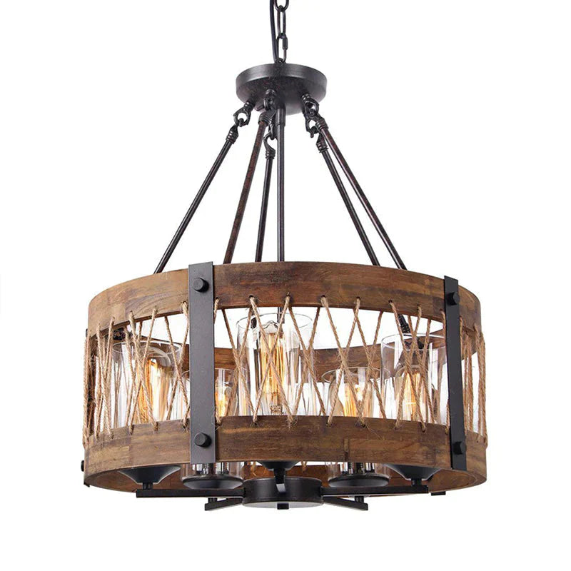 Traditional Drum Shaped Hanging Lamp 5 Bulbs Wooden Chandelier Light Fixture In Brown