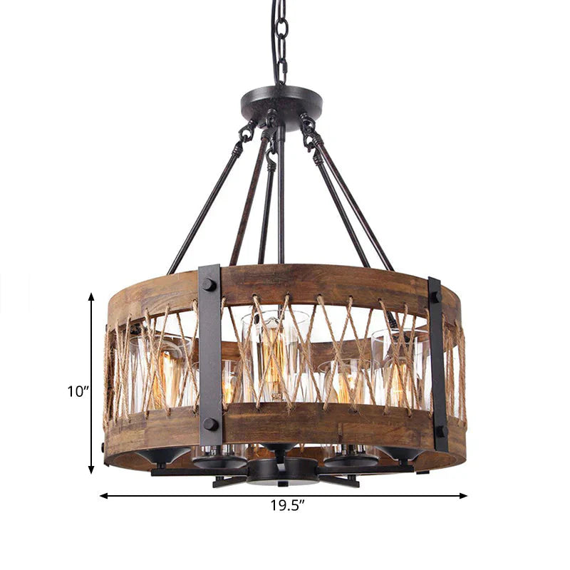 Traditional Drum Shaped Hanging Lamp 5 Bulbs Wooden Chandelier Light Fixture In Brown