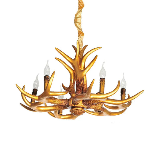 Resin Gold Hanging Chandelier Candle 6 Bulbs Traditional Pendant Light Fixture For Living Room