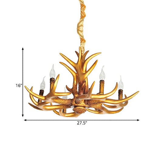 Resin Gold Hanging Chandelier Candle 6 Bulbs Traditional Pendant Light Fixture For Living Room