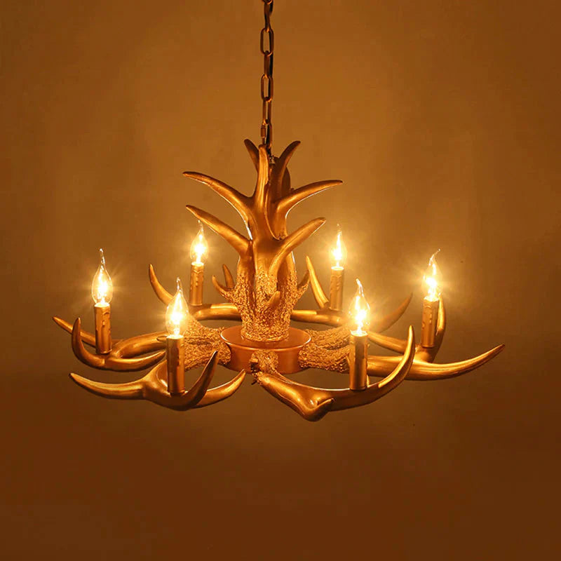 Countryside Antler Hanging Pendant 6 Lights Resin Ceiling Chandelier In Gold For Living Room