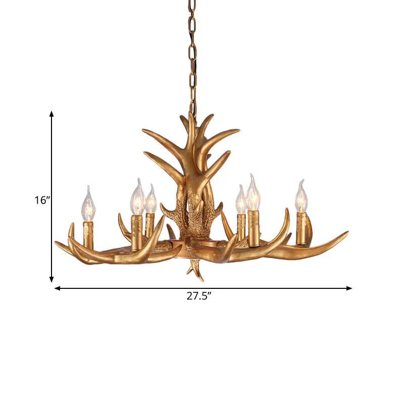 Countryside Antler Hanging Pendant 6 Lights Resin Ceiling Chandelier In Gold For Living Room