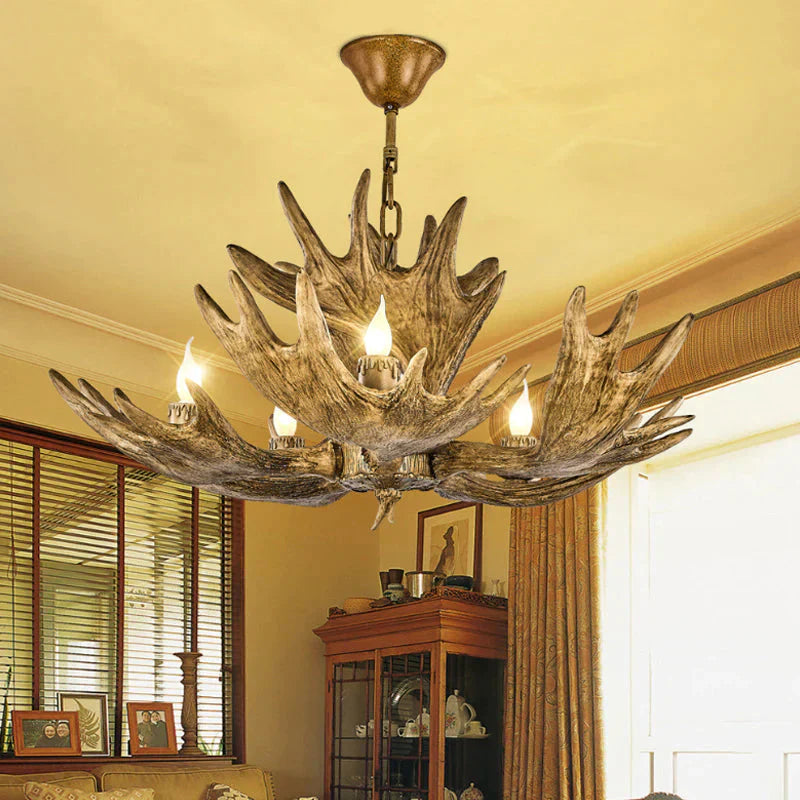 Deer Antler Resin Ceiling Light Traditional 5 - Bulb Living Room Pendant Chandelier In Brown