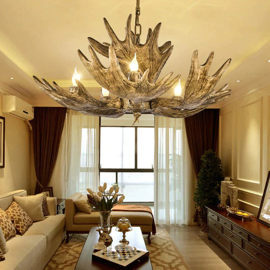 Deer Antler Resin Ceiling Light Traditional 5 - Bulb Living Room Pendant Chandelier In Brown