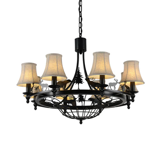 Metal Black Hanging Chandelier Bell 8 - Bulb Traditional Suspension Light With Cone Fabric Shade