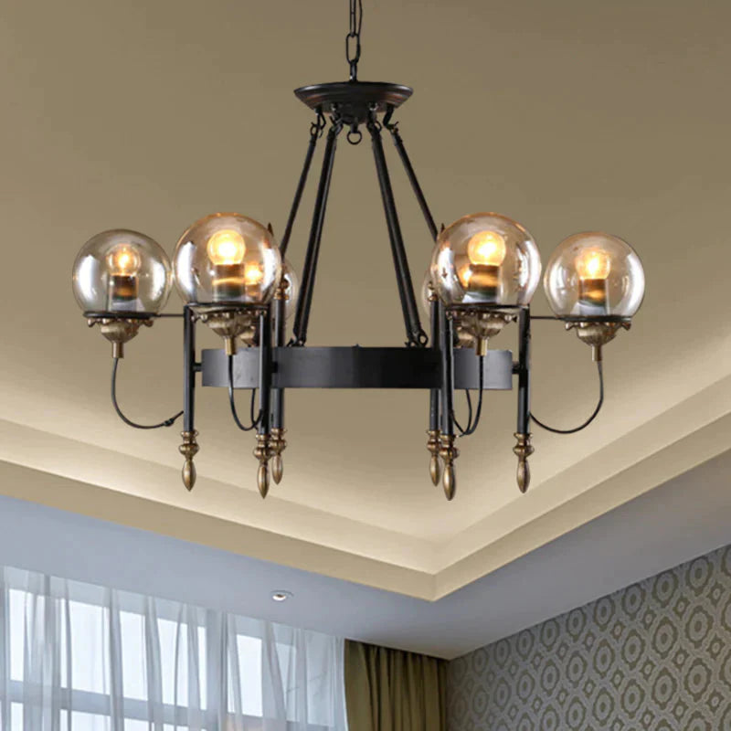 6/8 Lights Globe Chandelier Traditional Style Black Metal Pendant Light Fixture For Dining Room