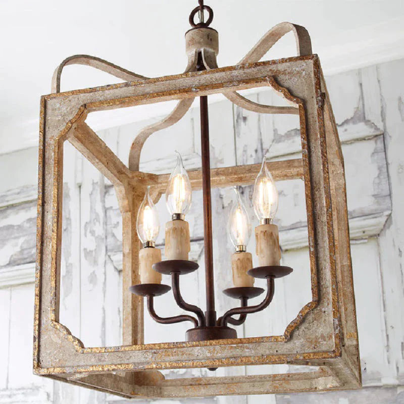 4 Heads Living Room Hanging Chandelier Retro Rust Ceiling Pendant Light With Cube Metal Cage