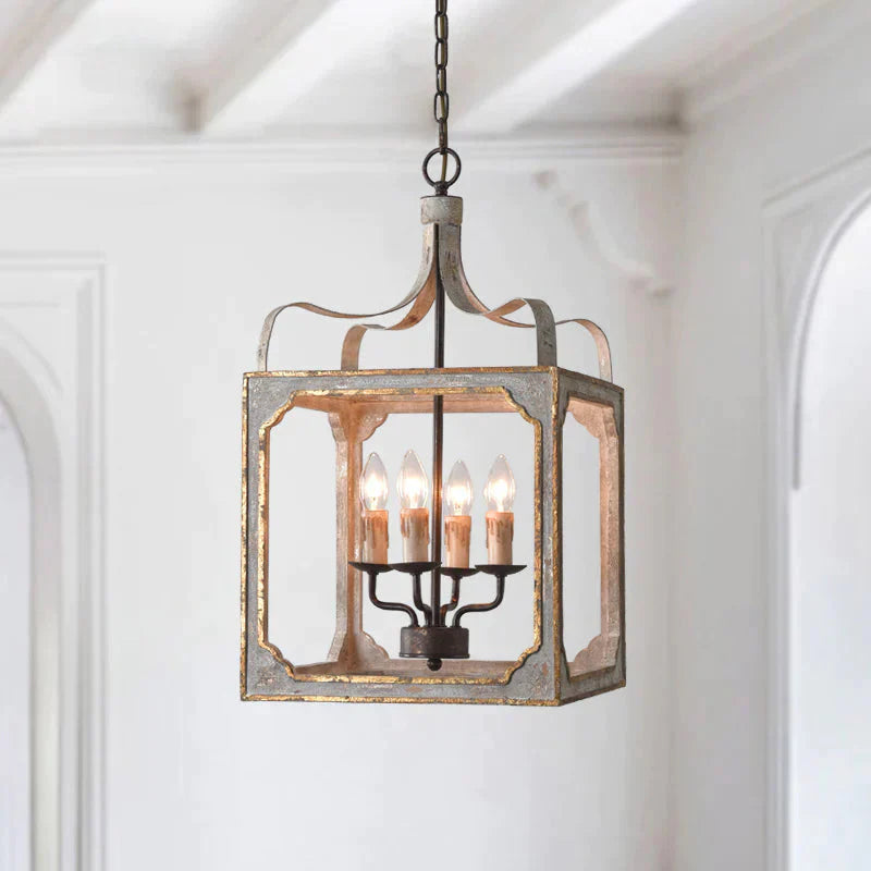 4 Heads Living Room Hanging Chandelier Retro Rust Ceiling Pendant Light With Cube Metal Cage
