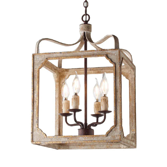 4 Heads Living Room Hanging Chandelier Retro Rust Ceiling Pendant Light With Cube Metal Cage