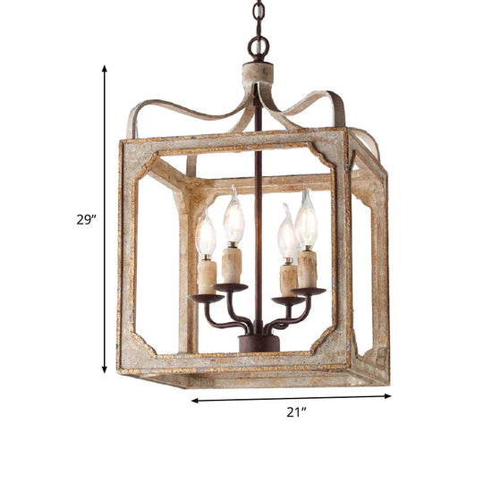 4 Heads Living Room Hanging Chandelier Retro Rust Ceiling Pendant Light With Cube Metal Cage