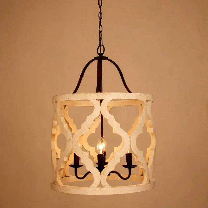 Cylinder Pendant Chandelier Traditional Wood 4 Bulbs White/Tan Hanging Ceiling Light With