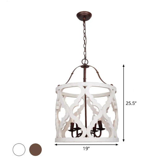 Cylinder Pendant Chandelier Traditional Wood 4 Bulbs White/Tan Hanging Ceiling Light With
