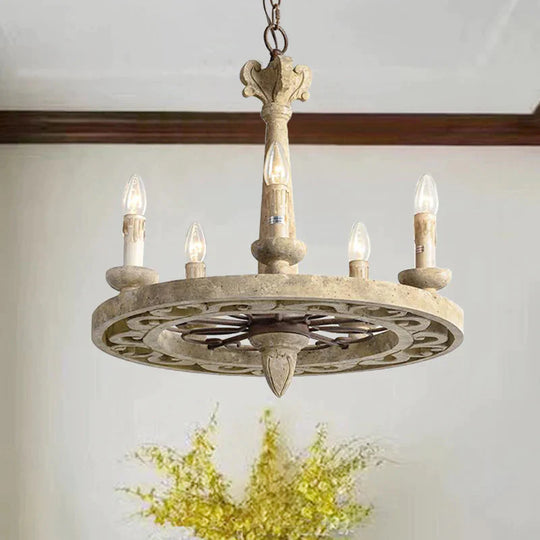 Round Pendant Chandelier Traditional Wood 5/6 Bulbs Light Tan Hanging Lamp For Living Room