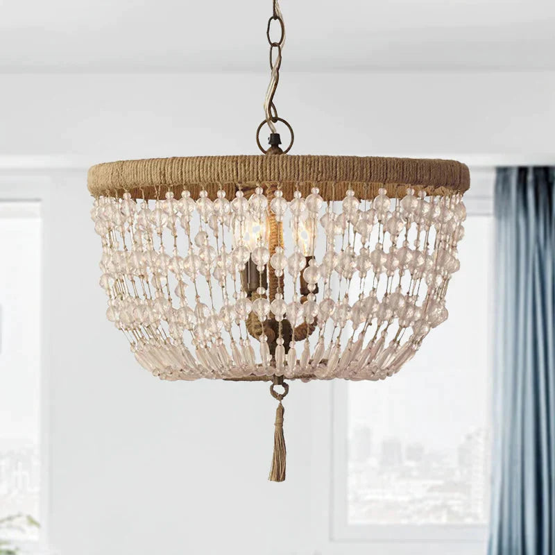 Dome Chandelier Light Rustic Crystal 3 Heads Clear Hanging Lamp With Rope Ring For Bedroom