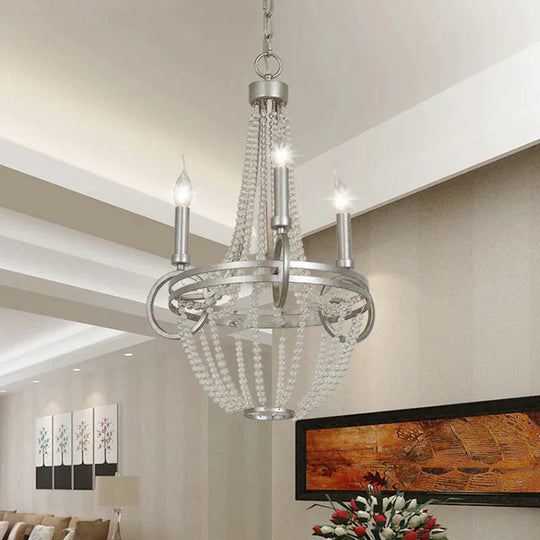 Crystal Candle Chandelier Lamp Retro 3 Heads Silver Ceiling Pendant Light For Living Room