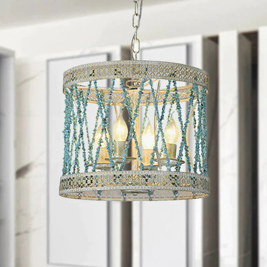 Stone Cylinder Chandelier Lamp Retro 4/6 Bulbs Blue Pendant Lighting Fixture With Adjustable Chain