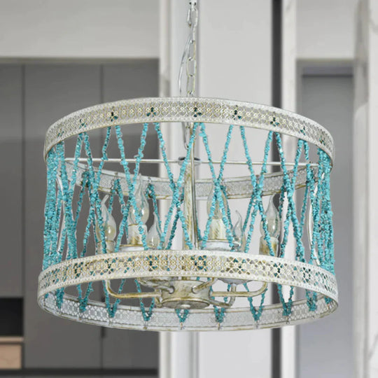 Stone Cylinder Chandelier Lamp Retro 4/6 Bulbs Blue Pendant Lighting Fixture With Adjustable Chain