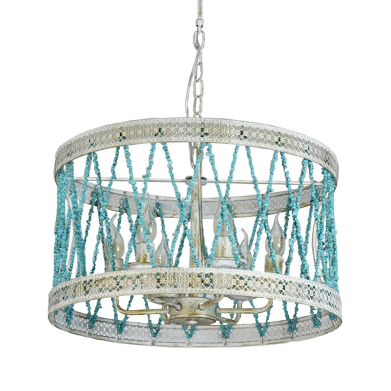 Stone Cylinder Chandelier Lamp Retro 4/6 Bulbs Blue Pendant Lighting Fixture With Adjustable Chain