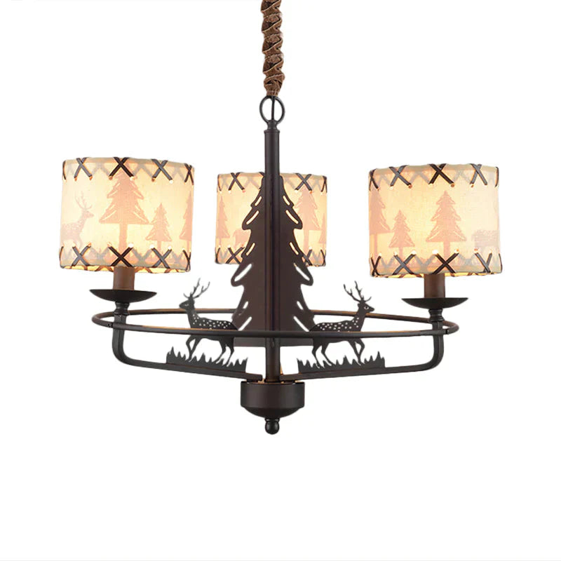 Beige Drum Chandelier Lamp Traditional Fabric 3 Lights Bedroom Hanging Light With Animal Design