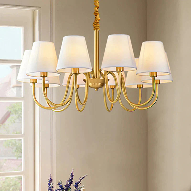 Fabric Tapered Hanging Chandelier Traditional 3/5/6 Lights Living Room Pendant Light In Brass 10 /