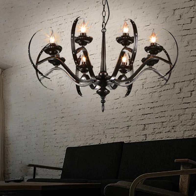 Traditional Candle Hanging Lamp 8 Bulbs Iron Chandelier Light Fixture With Curvy Arm In Black