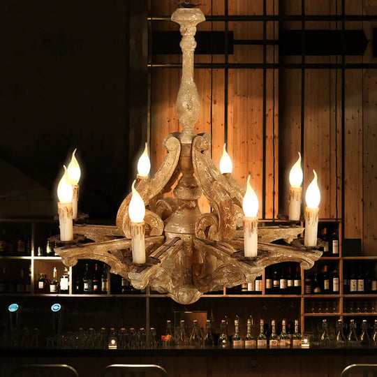 Wooden Candle Chandelier Lamp Rustic 8 - Head Restaurant Pendant Ceiling Light In Distressed White